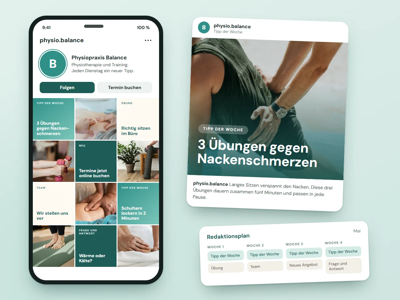 Designstudie: Social-Media-Profil, Beitrag und Redaktionsplan für die Physiopraxis Balance